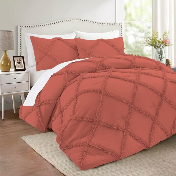 D.N.G. BEDDINGS 3 Piece Luxurious Diamond Ruffle Comforter Set Super Soft, All Season Pintuck 800 Thread Count, 100% Egyptian Cotton, King/California King Size Brick Red Color