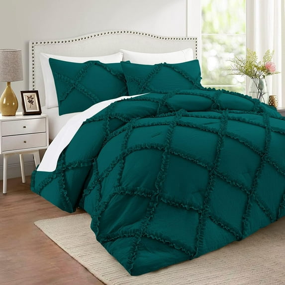 D.N.G. BEDDINGS 3 Piece Luxurious Diamond Ruffle Comforter Set Super Soft, All Season Pintuck 800 Thread Count, 100% Egyptian Cotton, King/California King Size Teal Color