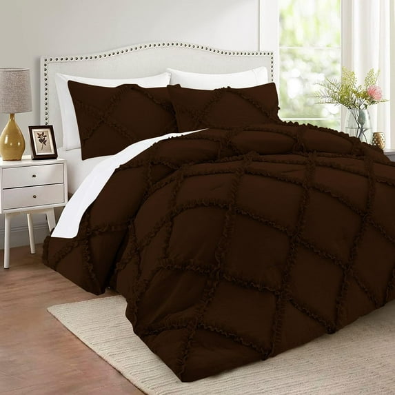 D.N.G. BEDDINGS 3 Piece Luxurious Diamond Ruffle Comforter Set Super Soft, All Season Pintuck 800 Thread Count, 100% Egyptian Cotton, King/California King Size Chocolate Color