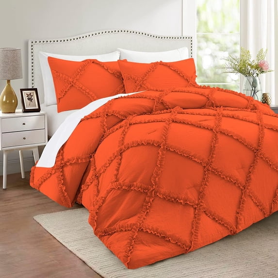 D.N.G. BEDDINGS 3 Piece Luxurious Diamond Ruffle Comforter Set Super Soft, All Season Pintuck 800 Thread Count, 100% Egyptian Cotton, Oversized Super King Size Orange Color