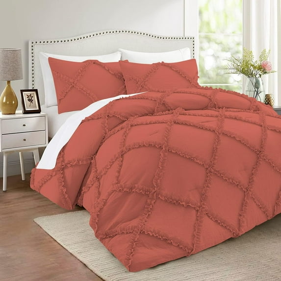 D.N.G. BEDDINGS 3 Piece Luxurious Diamond Ruffle Comforter Set Super Soft, All Season Pintuck 800 Thread Count, 100% Egyptian Cotton, Oversized Super King Size Brick Red Color