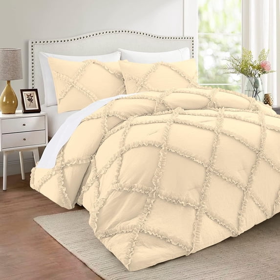 D.N.G. BEDDINGS 3 Piece Luxurious Diamond Ruffle Comforter Set Super Soft, All Season Pintuck 800 Thread Count, 100% Egyptian Cotton, Oversized Super King Size Ivory Color