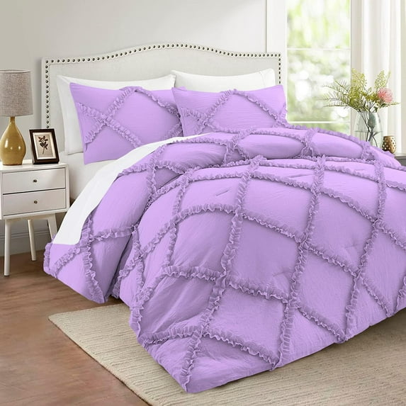 D.N.G. BEDDINGS 3 Piece Luxurious Diamond Ruffle Comforter Set Super Soft, All Season Pintuck 800 Thread Count, 100% Egyptian Cotton, Super King Size Lilac Color