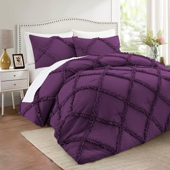 D.N.G. BEDDINGS 3 Piece Luxurious Diamond Ruffle Comforter Set Super Soft, All Season Pintuck 800 Thread Count, 100% Egyptian Cotton, Super King Size Plum Color