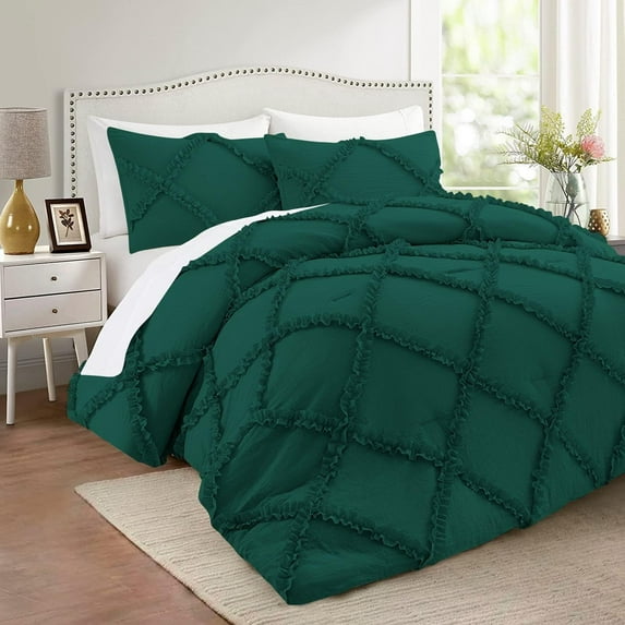 D.N.G. BEDDINGS 3 Piece Luxurious Diamond Ruffle Comforter Set Super Soft, All Season Pintuck 800 Thread Count, 100% Egyptian Cotton, Twin/Twin XL Size Teal Green Color