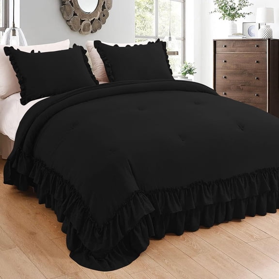 D.N.G. BEDDINGS 3 Piece Luxury 5 Inch Two Layer Ruffle Comforter Set Premium Super Soft, 800 TC, 100% Egyptian Cotton, Super Soft, Oversized Super King Size Black Color