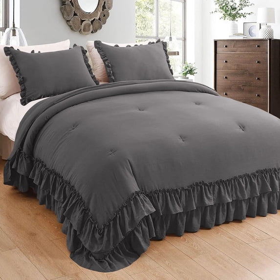 D.N.G. BEDDINGS 3 Piece Luxury 5 Inch Two Layer Ruffle Comforter Set Premium Super Soft, 800 TC, 100% Egyptian Cotton, Super Soft, Super King Size Dark Grey Color