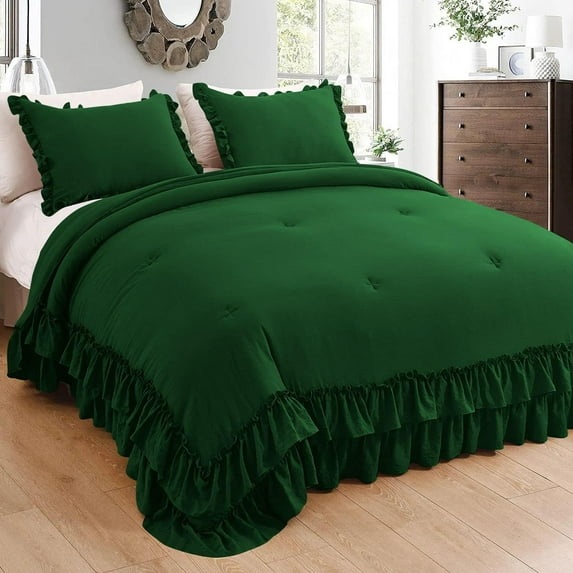 D.N.G. BEDDINGS 3 Piece Luxury 5 Inch Two Layer Ruffle Comforter Set Premium Super Soft, 800 TC, 100% Egyptian Cotton, Super Soft, Super King Size Green Color