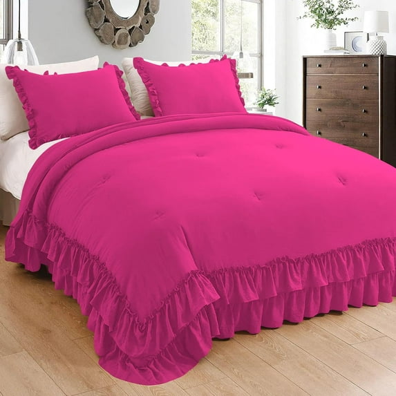 D.N.G. BEDDINGS 3 Piece Luxury 5 Inch Two Layer Ruffle Comforter Set Premium Super Soft, 800 TC, 100% Egyptian Cotton, Super Soft, Super King Size Hot Pink Color