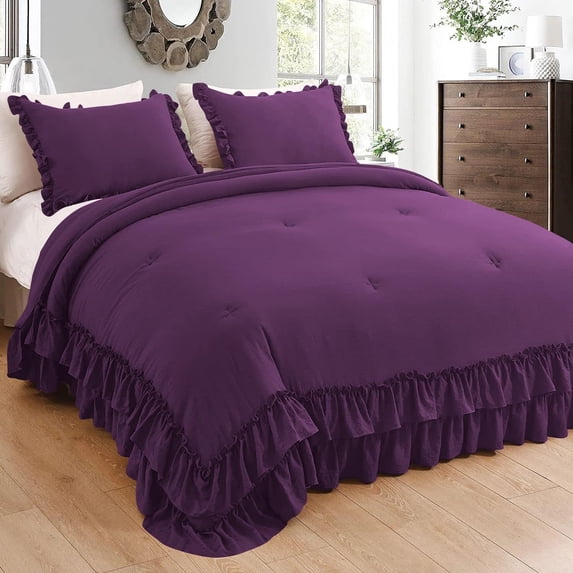 D.N.G. BEDDINGS 3 Piece Luxury 5 Inch Two Layer Ruffle Comforter Set Premium Super Soft, 800 TC, 100% Egyptian Cotton, Super Soft, Super King Size Plum Color