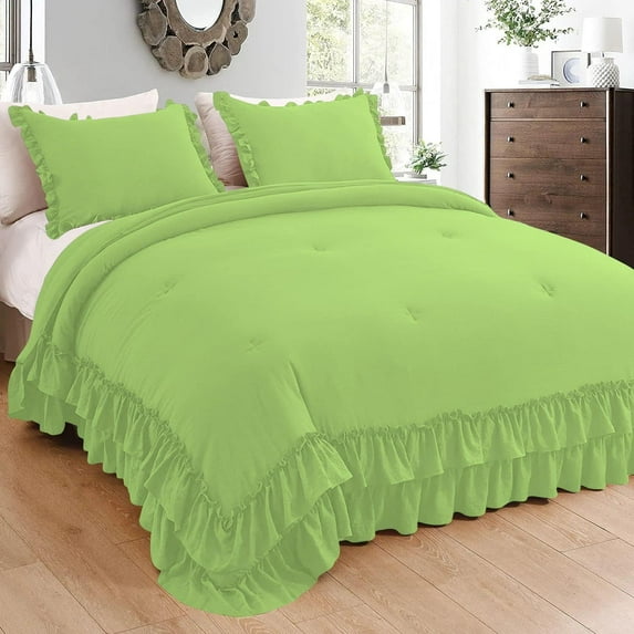 D.N.G. BEDDINGS 3 Piece Luxury 5 Inch Two Layer Ruffle Comforter Set Premium Super Soft, 800 TC, 100% Egyptian Cotton, Super Soft, Super King Size Sage Color
