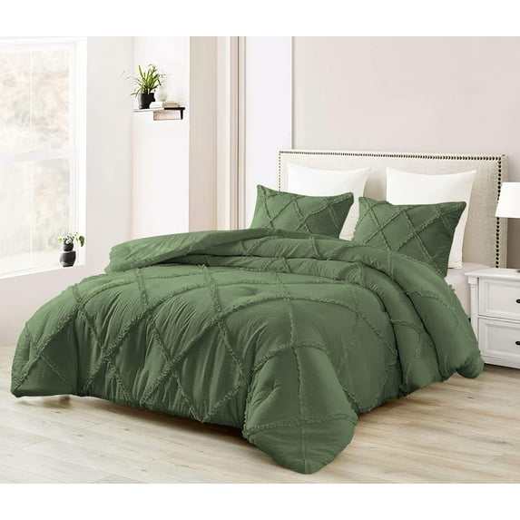 D.N.G. BEDDINGS 3 Piece Luxury Diamond Ruffle Comforter Set Super Soft, All Season Pintuck 800 TC, 100% Egyptian Cotton, Super Soft Full/Queen Size Moss Color