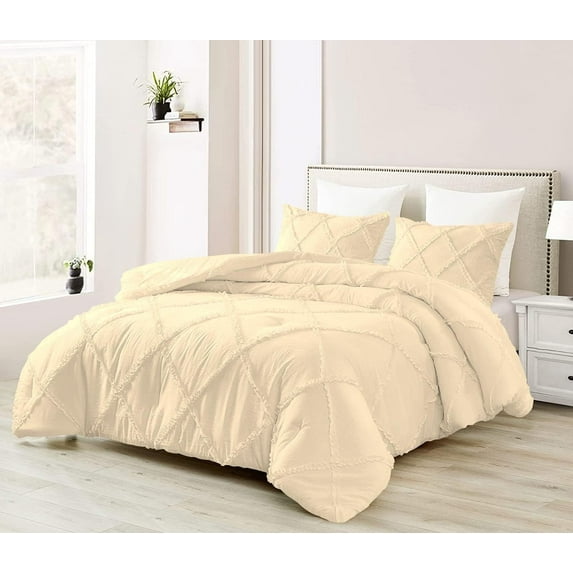 D.N.G. BEDDINGS 3 Piece Luxury Diamond Ruffle Comforter Set Super Soft, All Season Pintuck 800 TC, 100% Egyptian Cotton, Super Soft King/California King Size Ivory Color