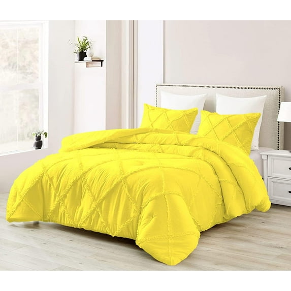 D.N.G. BEDDINGS 3 Piece Luxury Diamond Ruffle Comforter Set Super Soft, All Season Pintuck 800 TC, 100% Egyptian Cotton, Super Soft Super King Size Yellow Color