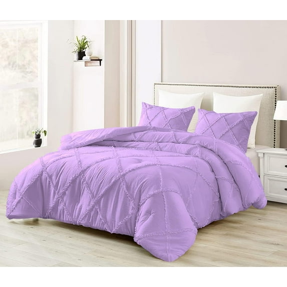 D.N.G. BEDDINGS 3 Piece Luxury Diamond Ruffle Comforter Set Super Soft, All Season Pintuck 800 TC, 100% Egyptian Cotton, Super Soft Twin/Twin XL Size Lilac Color