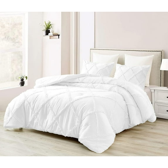 D.N.G. BEDDINGS 3 Piece Luxury Diamond Ruffle Comforter Set Super Soft, All Season Pintuck 800 TC, 100% Egyptian Cotton, Super Soft Twin/Twin XL Size White Color