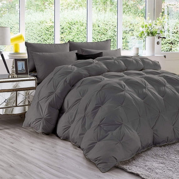 D.N.G. BEDDINGS 3 Piece Luxury Pinch Pleated Comforter Set Premium 800 Thread Count 100% Egyptian Cotton Full/Queen Size Solid Dark Grey Color