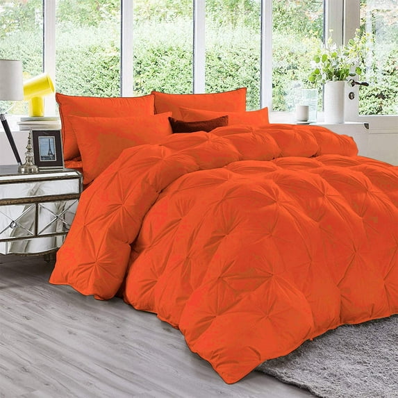 D.N.G. BEDDINGS 3 Piece Luxury Pinch Pleated Comforter Set Premium 800 Thread Count 100% Egyptian Cotton Oversized Super King Size Solid Orange Color