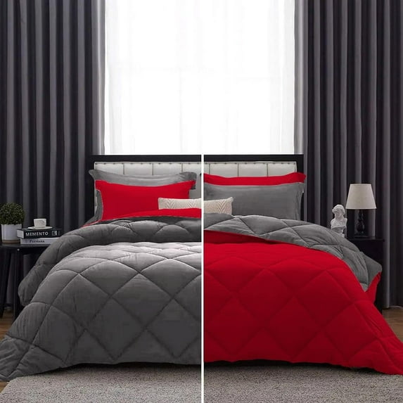 D.N.G. BEDDINGS 3 Piece Luxury Reversible Diamond Pattern Comforter Set Premium Super Soft, All Season 800 TC, 100% Egyptian Cotton Twin/Twin XL Size Red-Dark Grey Color