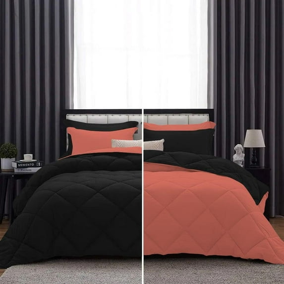 D.N.G. BEDDINGS 3 Piece Luxury Reversible Diamond Pattern Comforter Set Premium Super Soft, All Season 800 TC, 100% Egyptian Cotton Full/Queen Size Brick Red/Black Solid Color