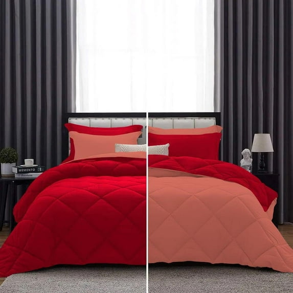D.N.G. BEDDINGS 3 Piece Luxury Reversible Diamond Pattern Comforter Set Premium Super Soft, All Season 800 TC, 100% Egyptian Cotton King/California King Size Brick Red/Red Solid Color