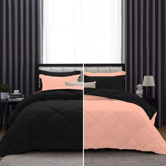 D.N.G. BEDDINGS 3 Piece Luxury Reversible Diamond Pattern Comforter Set Premium Super Soft, All Season 800 TC, 100% Egyptian Cotton Super King Size Peach/Black Solid Color