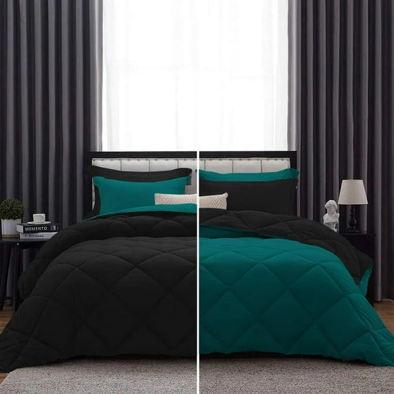 D.N.G. BEDDINGS 3 Piece Luxury Reversible Diamond Pattern Comforter Set Premium Super Soft, All Season 800 TC, 100% Egyptian Cotton Super King Size Teal/Black Solid Color