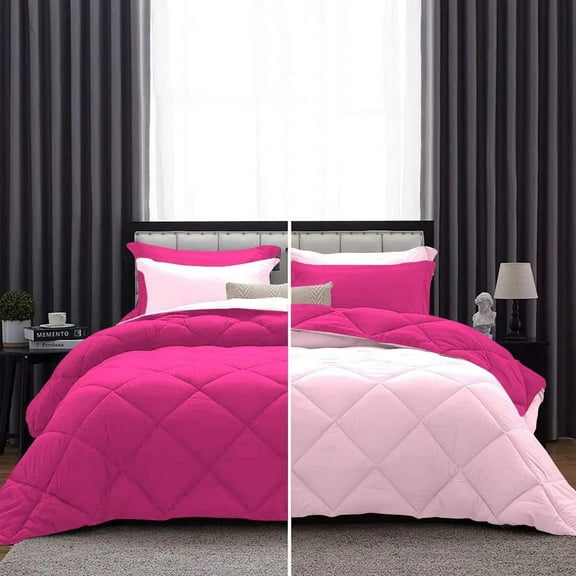 D.N.G. BEDDINGS 3 Piece Luxury Reversible Diamond Pattern Comforter Set Premium Super Soft, All Season 800 TC, 100% Egyptian Cotton Twin/Twin XL Size Hot Pink-Light Pink Color