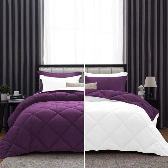 D.N.G. BEDDINGS 3 Piece Luxury Reversible Diamond Pattern Comforter Set Premium Super Soft, All Season 800 TC, 100% Egyptian Cotton Twin/Twin XL Size Plum/White Solid Color