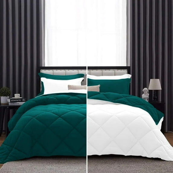 D.N.G. BEDDINGS 3 Piece Luxury Reversible Diamond Pattern Comforter Set Premium Super Soft, All Season 800 TC, 100% Egyptian Cotton Twin/Twin XL Size Teal/White Solid Color