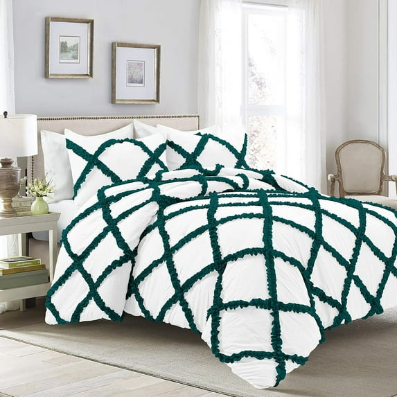 D.N.G. BEDDINGS 3 Piece Luxury Two Tone Diamond Ruffle Pattern Comforter Set Premium Super Soft, All Season 800 Thread Count 100% Egyptian Cotton King/California King Size Teal/White Solid Color