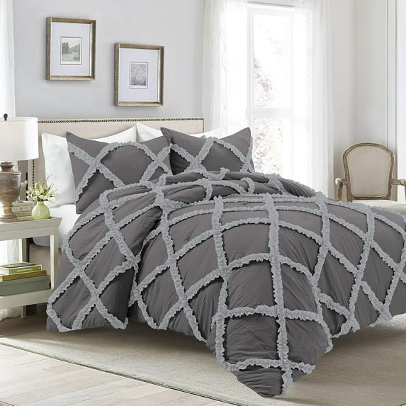 D.N.G. BEDDINGS 3 Piece Luxury Two Tone Diamond Ruffle Pattern Comforter Set Premium Super Soft, All Season 800 Thread Count, 100% Egyptian Cotton, Twin/Twin XL Size Dark Grey-Silver Color