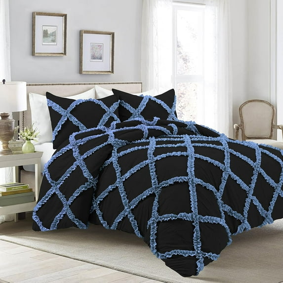 D.N.G. BEDDINGS 3 Piece Luxury Two Tone Diamond Ruffle Pattern Comforter Set Premium Super Soft All Season 800 Thread Count, 100% Egyptian Cotton, Full/Queen Size Medium Blue/Black Solid Color