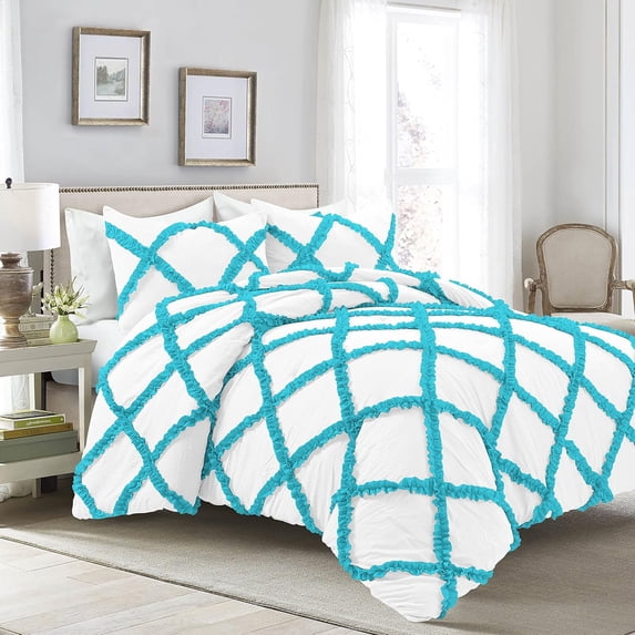 D.N.G. BEDDINGS 3 Piece Luxury Two Tone Diamond Ruffle Pattern Comforter Set Premium Super Soft, All Season 800 Thread Count 100% Egyptian Cotton Full/Queen Size Turquoise Blue/White Solid Color