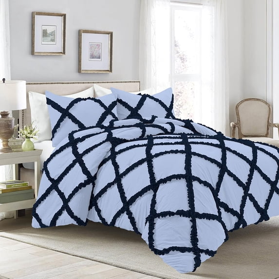 D.N.G. BEDDINGS 3 Piece Luxury Two Tone Diamond Ruffle Pattern Comforter Set Premium Super Soft, All Season 800 Thread Count, 100% Egyptian Cotton, King/California King Size Light Blue-Navy Color