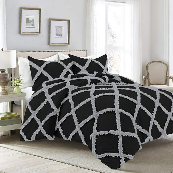 D.N.G. BEDDINGS 3 Piece Luxury Two Tone Diamond Ruffle Pattern Comforter Set Premium Super Soft All Season 800 Thread Count, 100% Egyptian Cotton, Oversized Super King Size Silver/Black Solid Color
