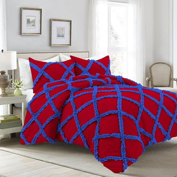 D.N.G. BEDDINGS 3 Piece Luxury Two Tone Diamond Ruffle Pattern Comforter Set Premium Super Soft, All Season 800 Thread Count, 100% Egyptian Cotton, Oversized Super King Size Red-Royal Blue Color