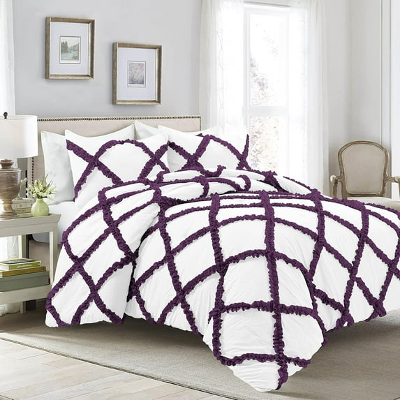 D.N.G. BEDDINGS 3 Piece Luxury Two Tone Diamond Ruffle Pattern Comforter Set Premium Super Soft, All Season 800 Thread Count 100% Egyptian Cotton Oversized Super King Size Plum/White Solid Color