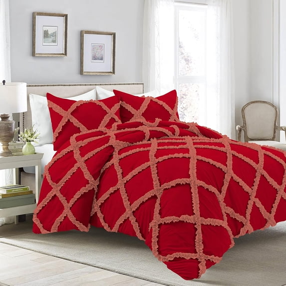 D.N.G. BEDDINGS 3 Piece Luxury Two Tone Diamond Ruffle Pattern Comforter Set Premium Super Soft, All Season 800 Thread Count, 100% Egyptian Cotton, Super King Size Red-Brick Red Color