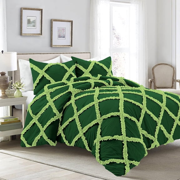D.N.G. BEDDINGS 3 Piece Luxury Two Tone Diamond Ruffle Pattern Comforter Set Premium Super Soft, All Season 800 Thread Count, 100% Egyptian Cotton, Super King Size Green-Sage Color
