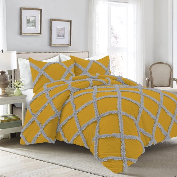 D.N.G. BEDDINGS 3 Piece Luxury Two Tone Diamond Ruffle Pattern Comforter Set Premium Super Soft, All Season 800 Thread Count, 100% Egyptian Cotton, Twin/Twin XL Size Gold-Silver Color
