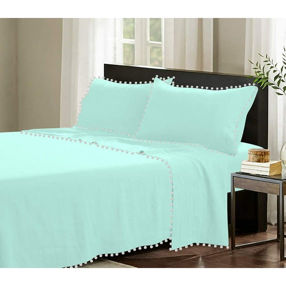 D.N.G. BEDDINGS 4 Piece Pom Pom Sheet Set 21 Inch Deep Pocket, White Pom-Pom Fringe Solid Pattern, 800 Thread Count 100% Egyptian Cotton (Solid Aqua Blue Color, Olympic Queen Size)