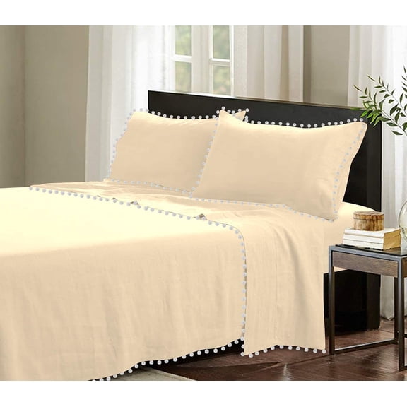 D.N.G. BEDDINGS 4 Piece Pom Pom Sheet Set 26 Inch Deep Pocket, White Pom-Pom Fringe Solid Pattern, 800 Thread Count 100% Egyptian Cotton (Solid Ivory Color, Twin Size)