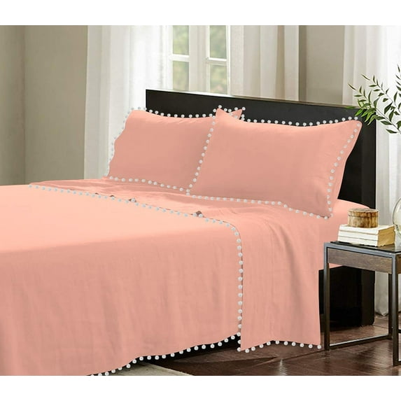 D.N.G. BEDDINGS 4 Piece Pom Pom Sheet Set 12 Inch Deep Pocket, White Pom-Pom Fringe Solid Pattern, 800 Thread Count 100% Egyptian Cotton (Solid Peach Color, Queen Size)