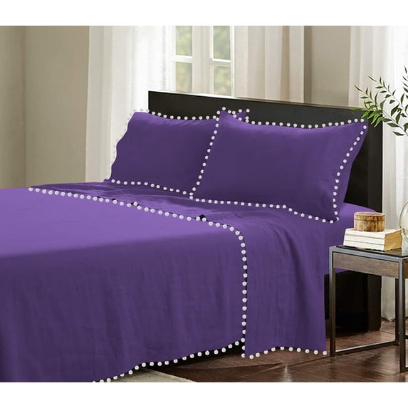 D.N.G. BEDDINGS 4 Piece Pom Pom Sheet Set 12 Inch Deep Pocket, White Pom-Pom Fringe Solid Pattern, 800 Thread Count 100% Egyptian Cotton (Solid Purple Color, Cal-King Size)