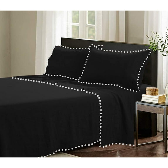 D.N.G. BEDDINGS 4 Piece Pom Pom Sheet Set 15 Inch Deep Pocket, White Pom-Pom Fringe Solid Pattern, 800 Thread Count 100% Egyptian Cotton (Solid Black Color, Olympic Queen Size)