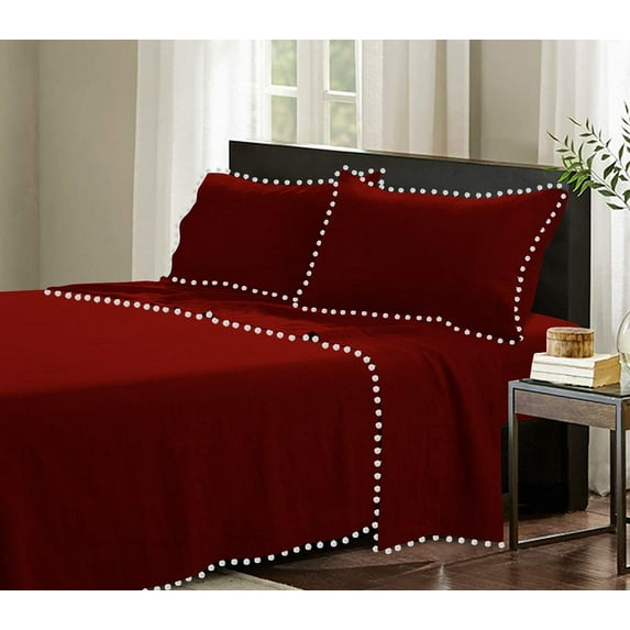D.N.G. BEDDINGS 4 Piece Pom Pom Sheet Set 15 Inch Deep Pocket, White Pom-Pom Fringe Solid Pattern, 800 Thread Count 100% Egyptian Cotton (Solid Burgundy Color, Twin Size)