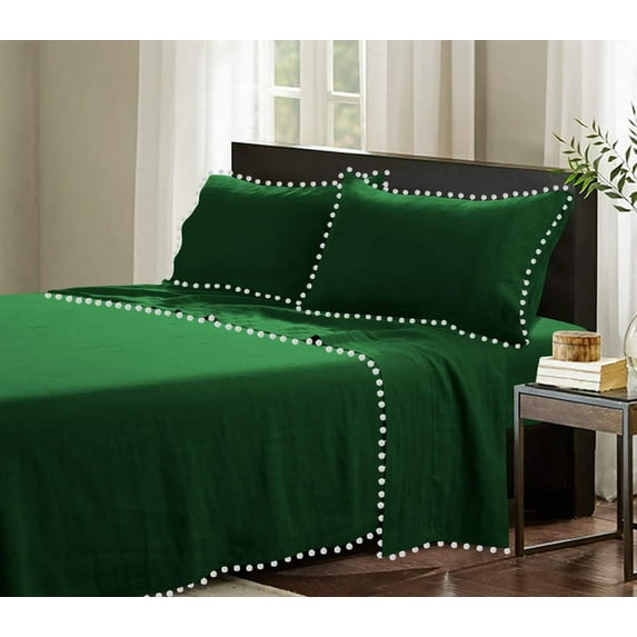 D.N.G. BEDDINGS 4 Piece Pom Pom Sheet Set 15 Inch Deep Pocket, White Pom-Pom Fringe Solid Pattern, 800 Thread Count 100% Egyptian Cotton (Solid Green Color, Queen Size)