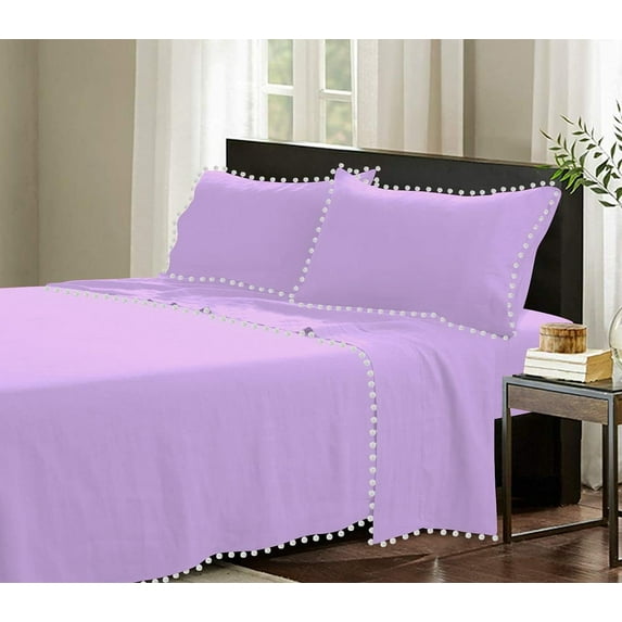 D.N.G. BEDDINGS 4 Piece Pom Pom Sheet Set 15 Inch Deep Pocket, White Pom-Pom Fringe Solid Pattern, 800 Thread Count 100% Egyptian Cotton (Solid Lillac Color, Twin XL Size)
