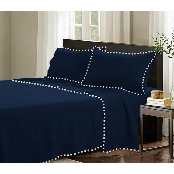 D.N.G. BEDDINGS 4 Piece Pom Pom Sheet Set 15 Inch Deep Pocket, White Pom-Pom Fringe Solid Pattern, 800 Thread Count 100% Egyptian Cotton (Solid Navy Blue Color, Queen Size)